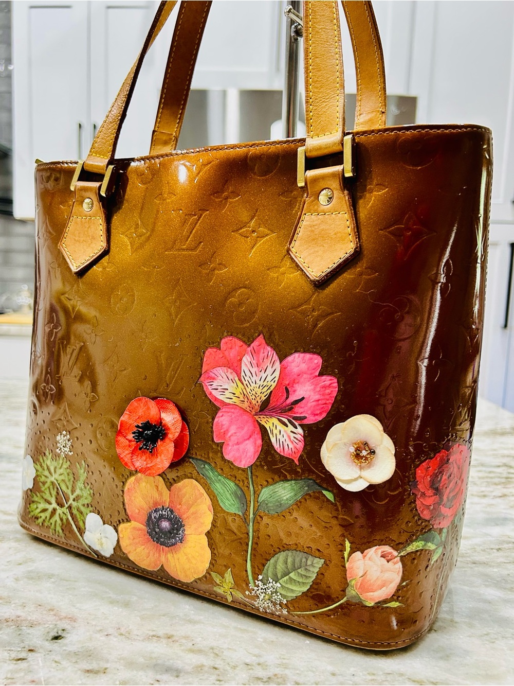 Louis Vuitton Authentic Custom Art Houston Bronze Vernis Leather Tote